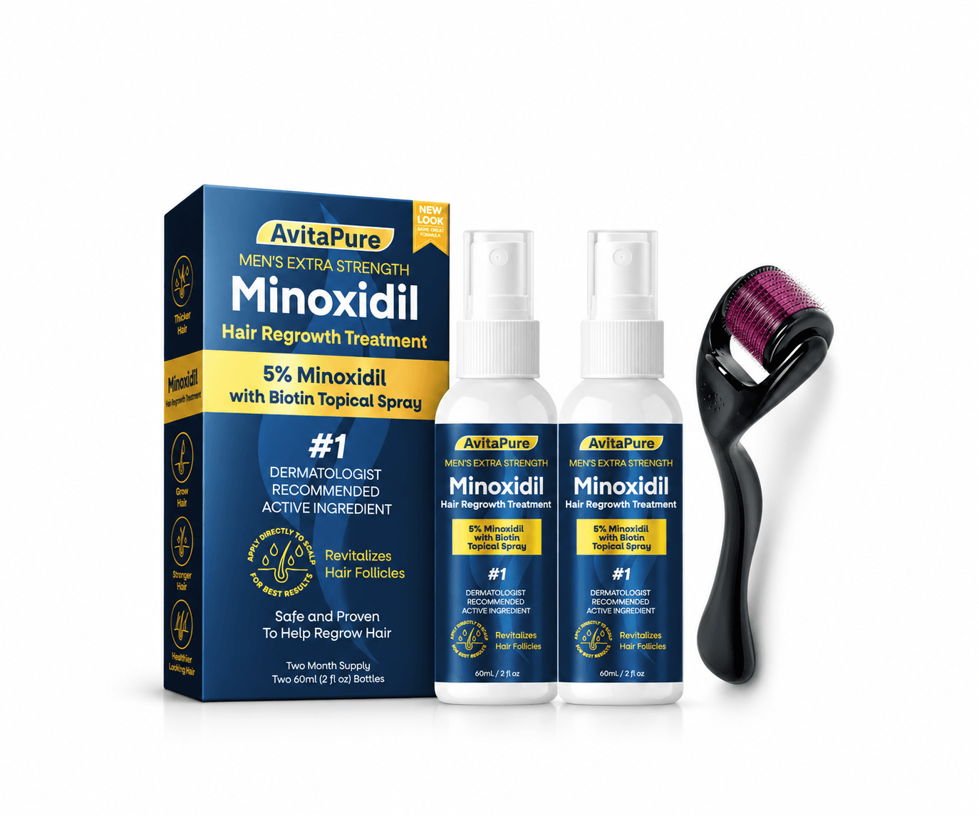 Minoxidil 5 Plus+ Biotin Spray 2 Bottle with Derma Roller